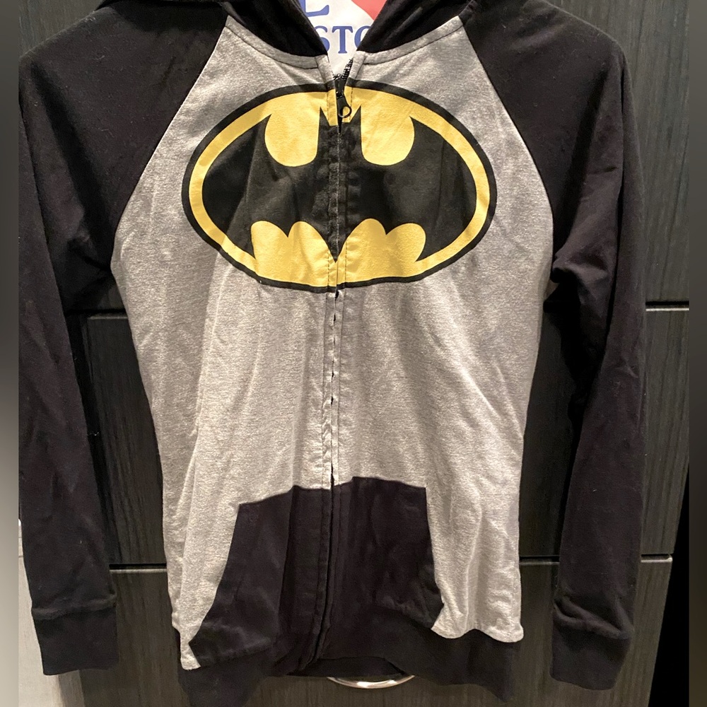Batman reversible zip up hoodie small bat ear hood pockets draw string like new